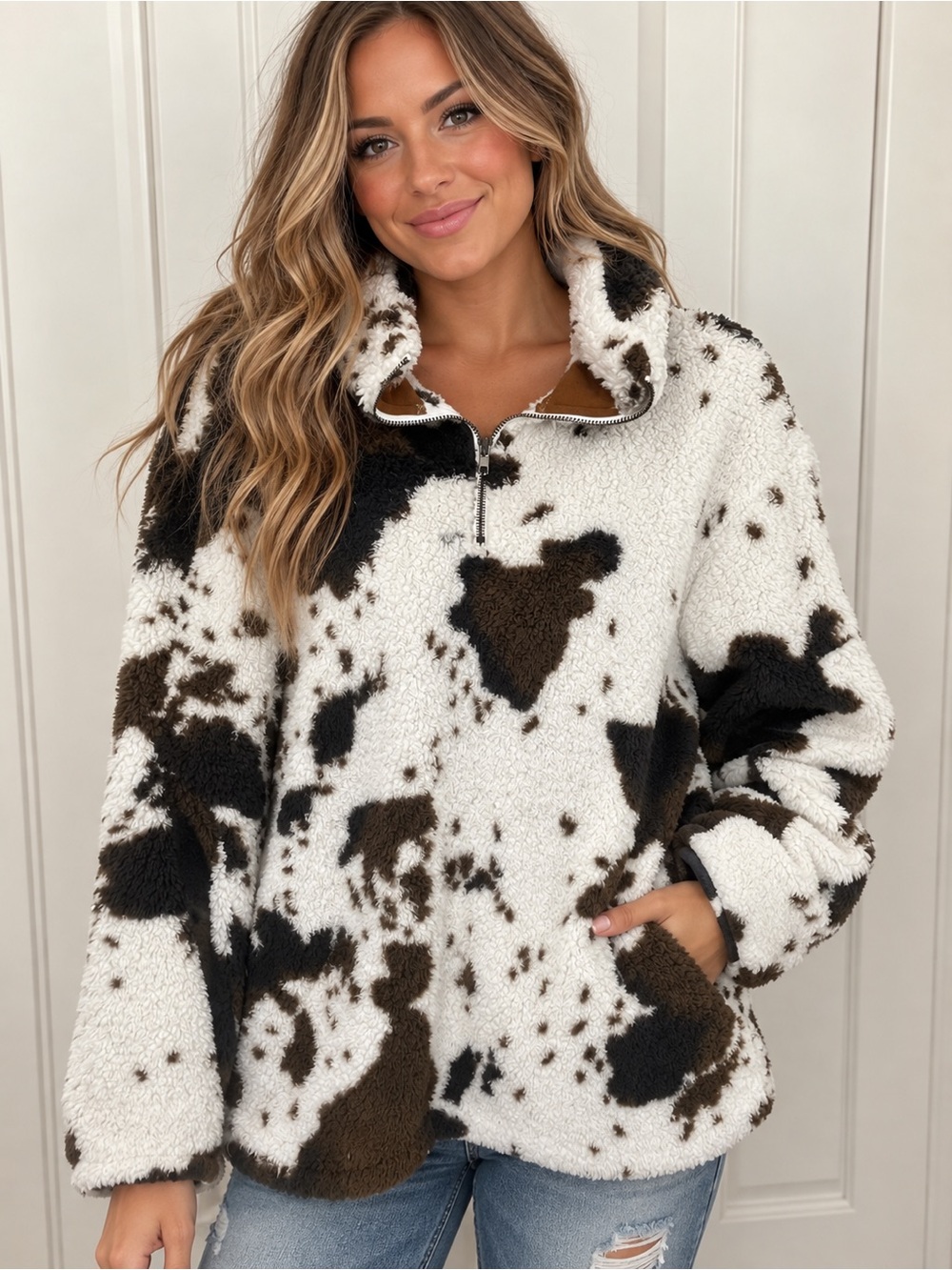Plush Half-Zip Turtleneck Sweater in White & Brown Cow Print